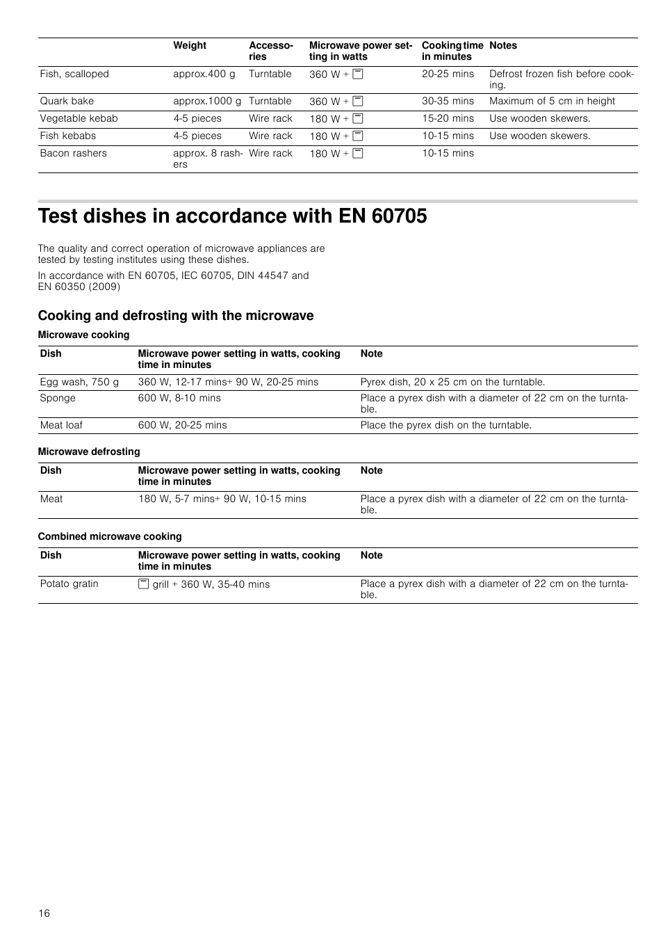 Test dishes in accordance with en 60705, Cooking and defrosting with the microwave, Microwave cooking | Microwave defrosting, Combined microwave cooking | Siemens HF24G564 User Manual | Page 16 / 64