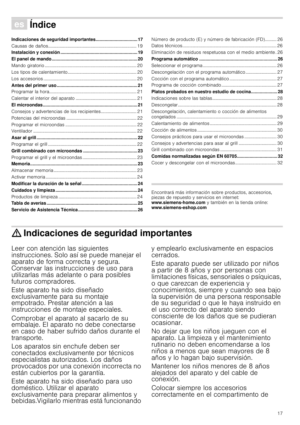 Û índice[es] instrucciones de uso, Indicaciones de seguridad importantes, Índice | Siemens HF24G564 User Manual | Page 17 / 64