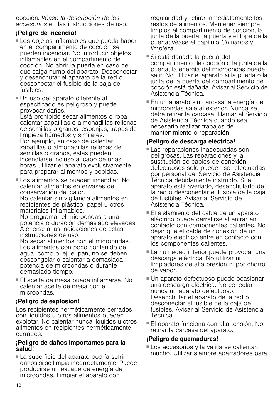 Peligro de incendio, Peligro de explosión, Peligro de daños importantes para la salud | Peligro de descarga eléctrica, Peligro de quemaduras | Siemens HF24G564 User Manual | Page 18 / 64