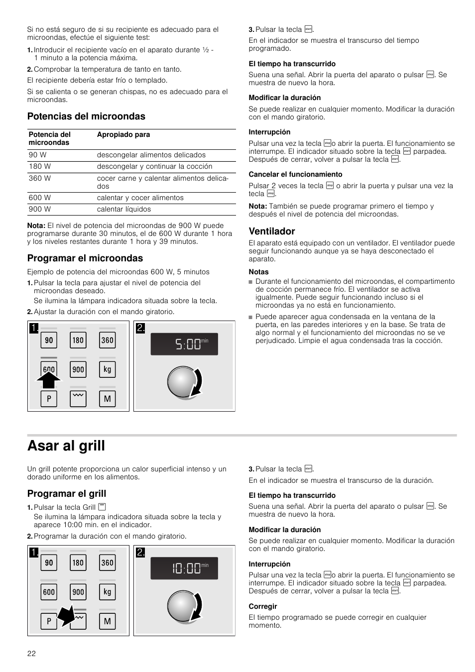 Comprobar la temperatura de tanto en tanto, Potencias del microondas, Nota | Programar el microondas, Ajustar la duración con el mando giratorio, Pulsar la tecla, El tiempo ha transcurrido, Modificar la duración, Interrupción, Cancelar el funcionamiento | Siemens HF24G564 User Manual | Page 22 / 64