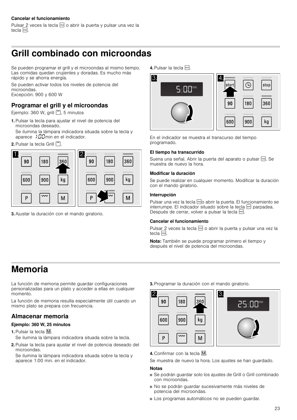 Cancelar el funcionamiento, Grill combinado con microondas, Programar el grill y el microondas | Pulsar la tecla grill, Ajustar la duración con el mando giratorio, Pulsar la tecla, El tiempo ha transcurrido, Modificar la duración, Interrupción, Nota | Siemens HF24G564 User Manual | Page 23 / 64