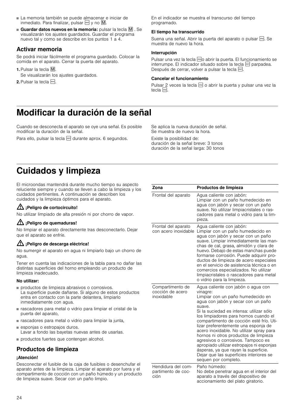 Activar memoria, Pulsar la tecla l, Pulsar la tecla | El tiempo ha transcurrido, Interrupción, Cancelar el funcionamiento, Modificar la duración de la señal, Cuidados y limpieza, Peligro de cortocircuito, Peligro de quemaduras | Siemens HF24G564 User Manual | Page 24 / 64