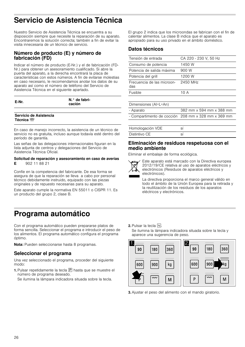 Servicio de asistencia técnica, Datos técnicos, Programa automático | Nota, Seleccionar el programa, Pulsar la tecla, Encia técnica, Omático | Siemens HF24G564 User Manual | Page 26 / 64