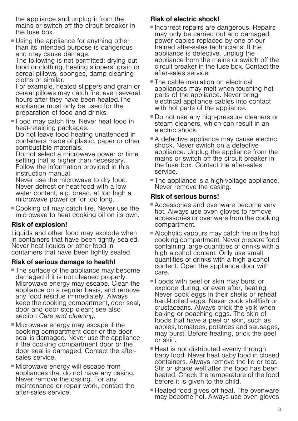 Risk of fire, Risk of explosion, Risk of serious damage to health | Risk of electric shock, Risk of electric shock and serious injury, Risk of serious burns, Risk of burns | Siemens HF24G564 User Manual | Page 3 / 64