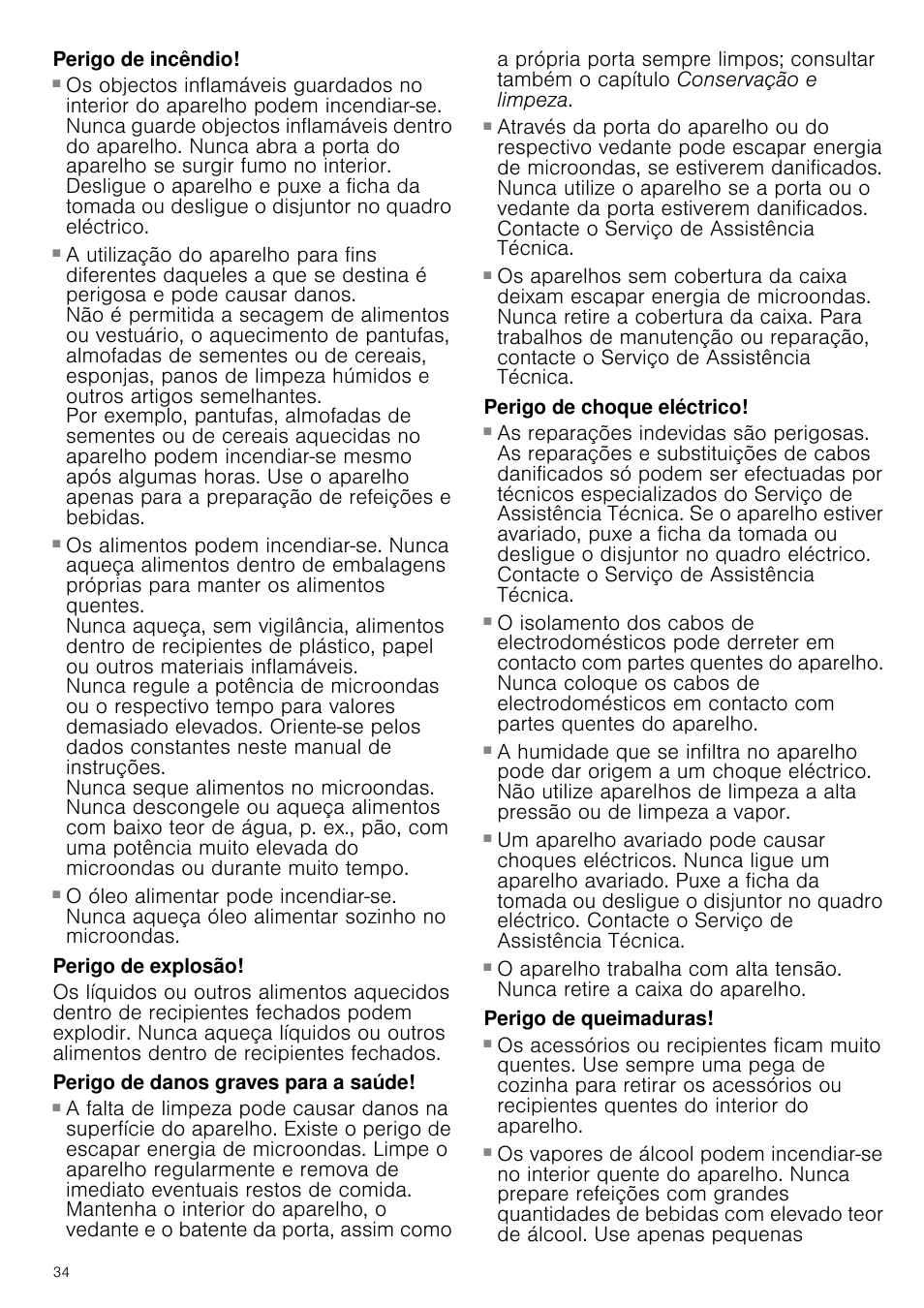 Perigo de incêndio, Perigo de explosão, Perigo de danos graves para a saúde | Perigo de choque eléctrico, Perigo de queimaduras | Siemens HF24G564 User Manual | Page 34 / 64