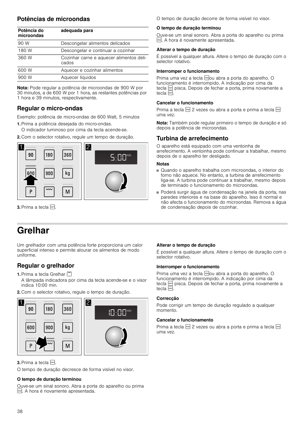 Potências de microondas, Nota, Regular o micro-ondas | Prima a potência desejada do micro-ondas, Prima a tecla, O tempo de duração terminou, Alterar o tempo de duração, Interromper o funcionamento, Cancelar o funcionamento, Turbina de arrefecimento | Siemens HF24G564 User Manual | Page 38 / 64