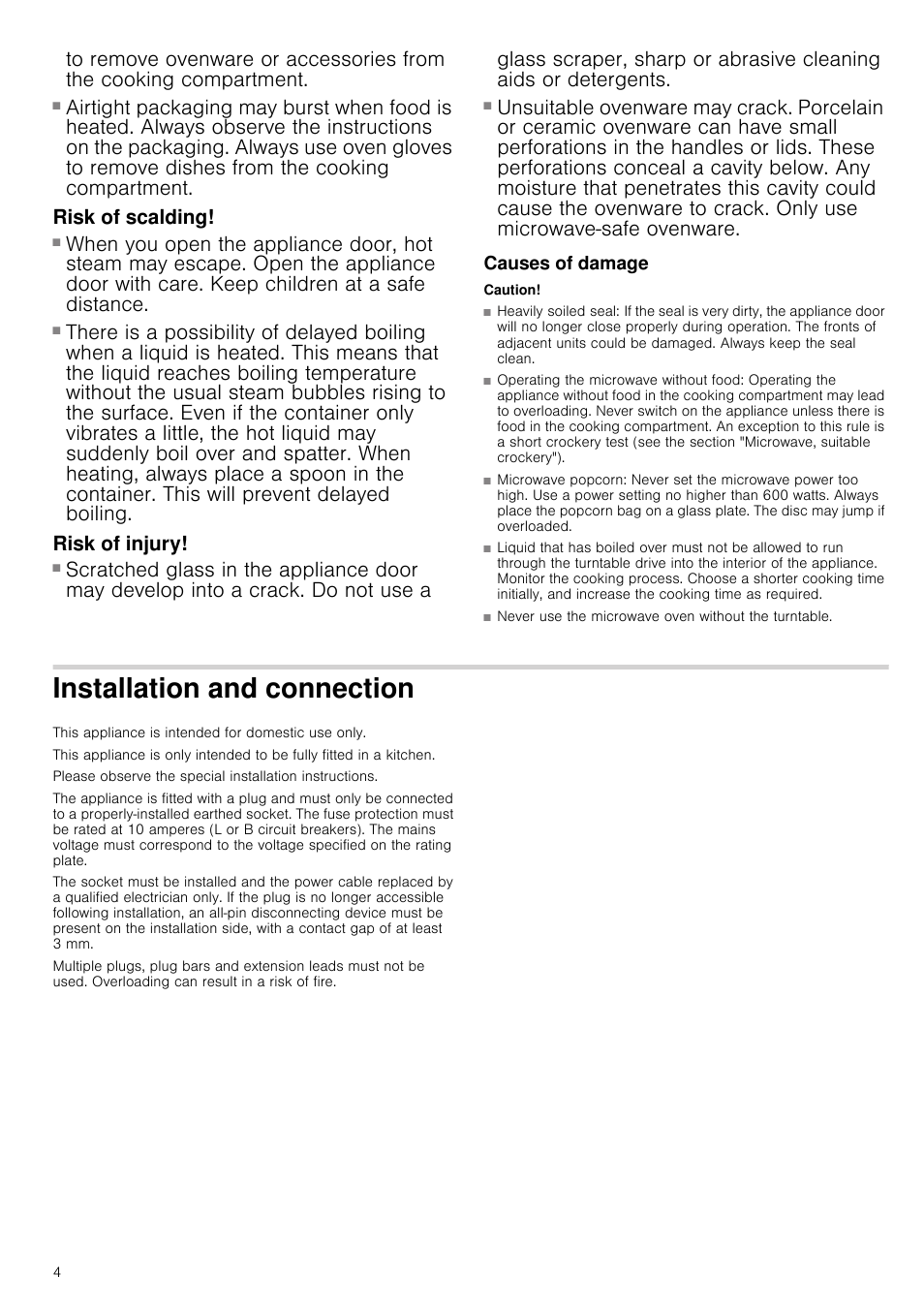 Risk of burns, Risk of scalding, Risk of injury | Causes of damage, Caution, Heavily soiled seal, Operating the microwave without food, Microwave popcorn, Installation and connection | Siemens HF24G564 User Manual | Page 4 / 64