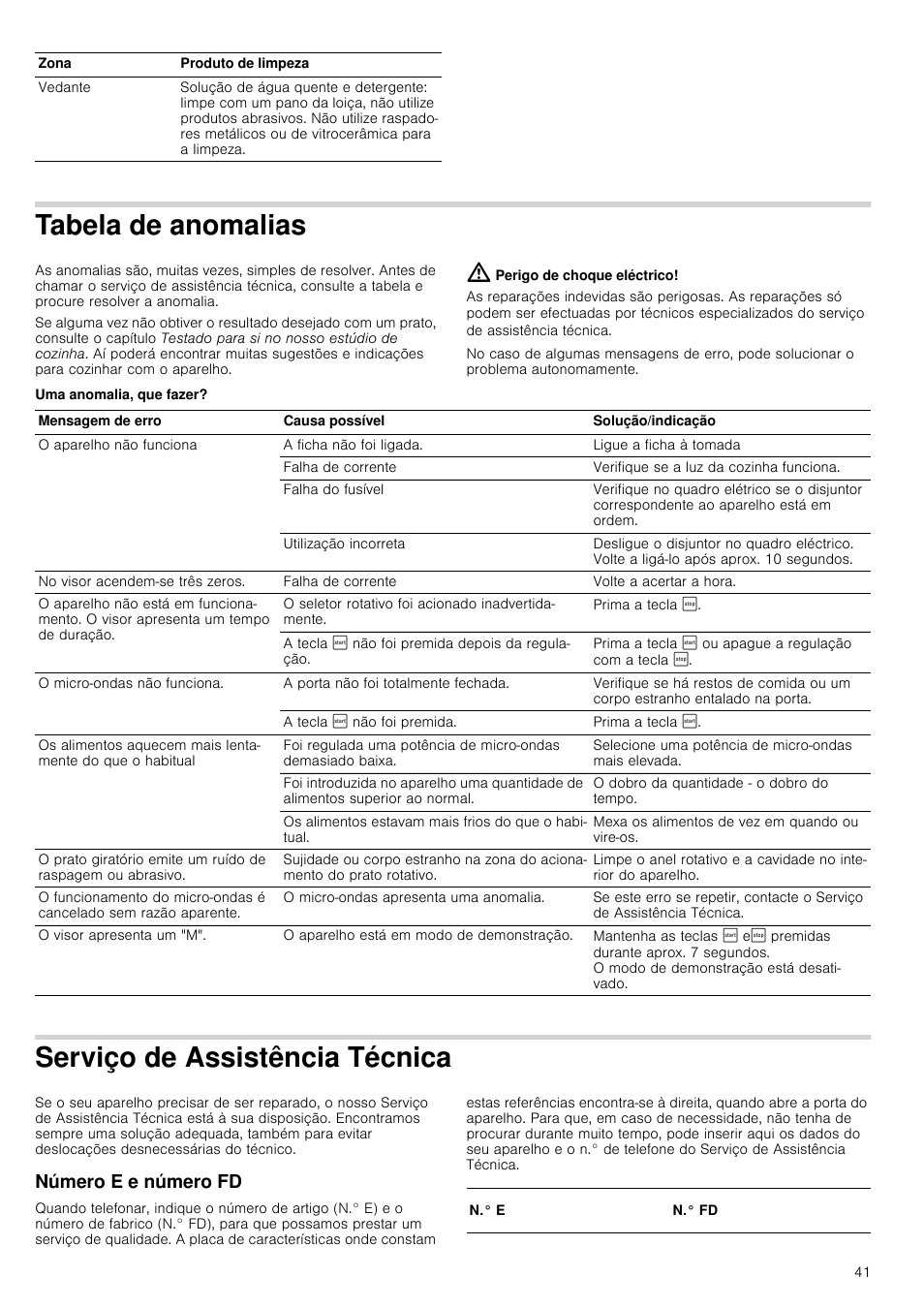 Tabela de anomalias, Perigo de choque eléctrico, Uma anomalia, que fazer | Serviço de assistência técnica, Número e e número fd, Abela de anomalias | Siemens HF24G564 User Manual | Page 41 / 64