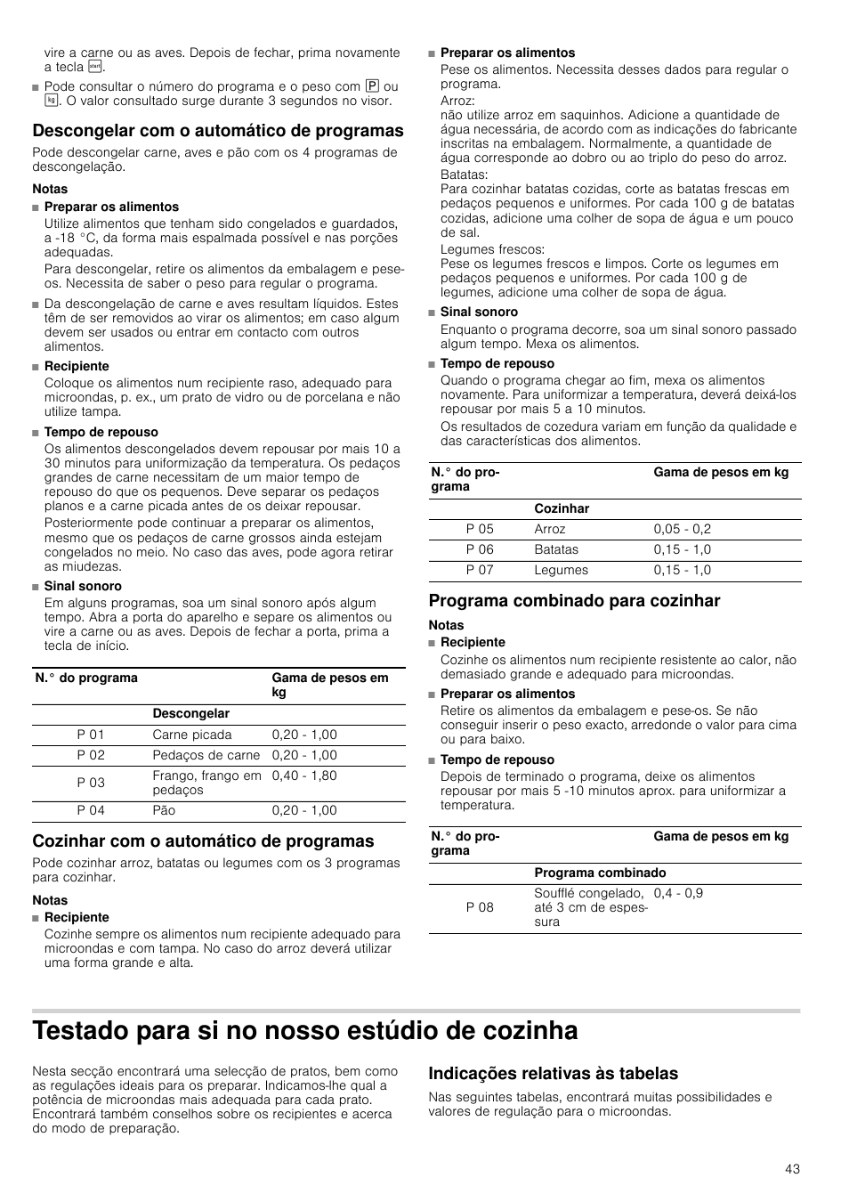 Descongelar com o automático de programas, Notas, Cozinhar com o automático de programas | Programa combinado para cozinhar, Testado para si no nosso estúdio de cozinha, Indicações relativas às tabelas | Siemens HF24G564 User Manual | Page 43 / 64