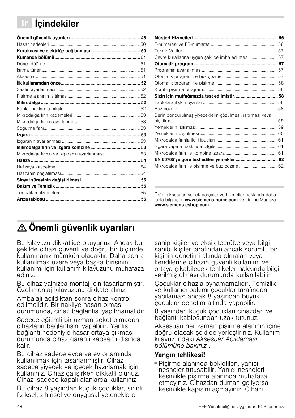 Ô içindekiler[tr] kullanma kιlavuzu, Önemli güvenlik uyarıları, Yangın tehlikesi | Xoodqpdnƶodyx]x, Içindekiler | Siemens HF24G564 User Manual | Page 48 / 64