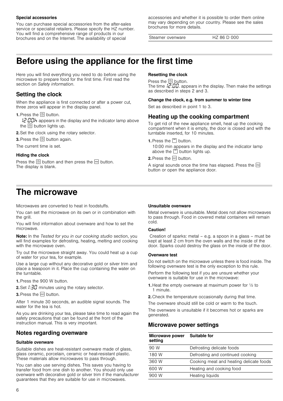 Special accessories, Before using the appliance for the first time, Setting the clock | Press the » button, Set the clock using the rotary selector, Press the » button again, Hiding the clock, Resetting the clock, Change the clock, e.g. from summer to winter time, Set as described in point 1 to 3 | Siemens HF24G564 User Manual | Page 6 / 64