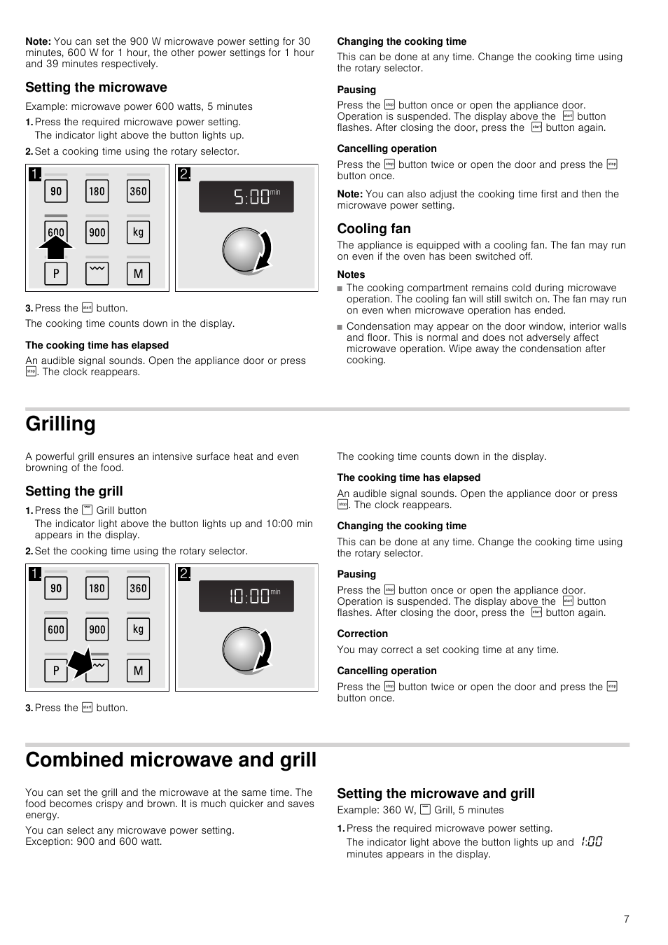 Note, Setting the microwave, Press the required microwave power setting | Set a cooking time using the rotary selector, Press the ¹ button, The cooking time has elapsed, Changing the cooking time, Pausing, Cancelling operation, Cooling fan | Siemens HF24G564 User Manual | Page 7 / 64