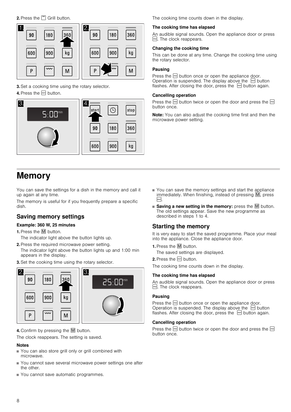 Press the ( grill button, Set a cooking time using the rotary selector, Press the ¹ button | The cooking time has elapsed, Changing the cooking time, Pausing, Cancelling operation, Note, Memory, Saving memory settings | Siemens HF24G564 User Manual | Page 8 / 64