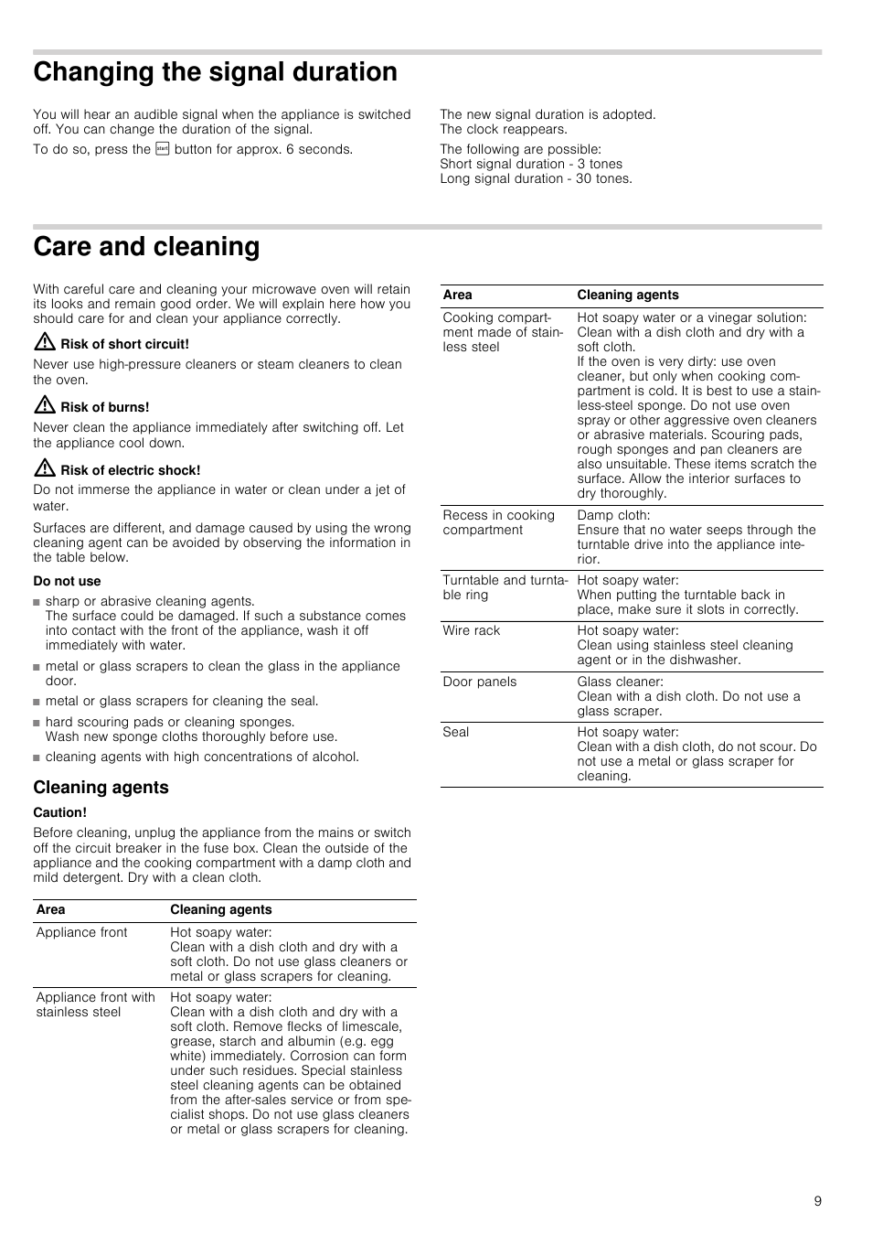 Changing the signal duration, Care and cleaning, Risk of short circuit | Risk of burns, Risk of electric shock, Do not use, Cleaning agents, Caution | Siemens HF24G564 User Manual | Page 9 / 64