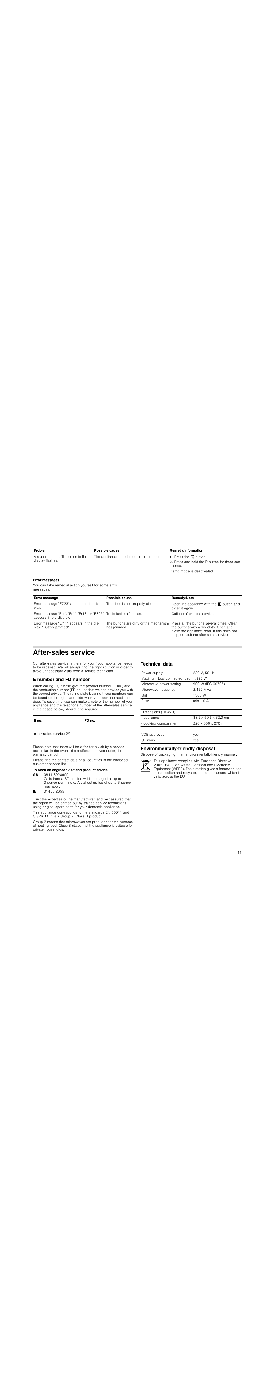 Press the 2 button, Press and hold the g button for three seconds, Error messages | After-sales service, E number and fd number, To book an engineer visit and product advice, Technical data, Environmentally-friendly disposal, Technical data environmentally-friendly disposal | Siemens HF25G5R2 User Manual | Page 11 / 56