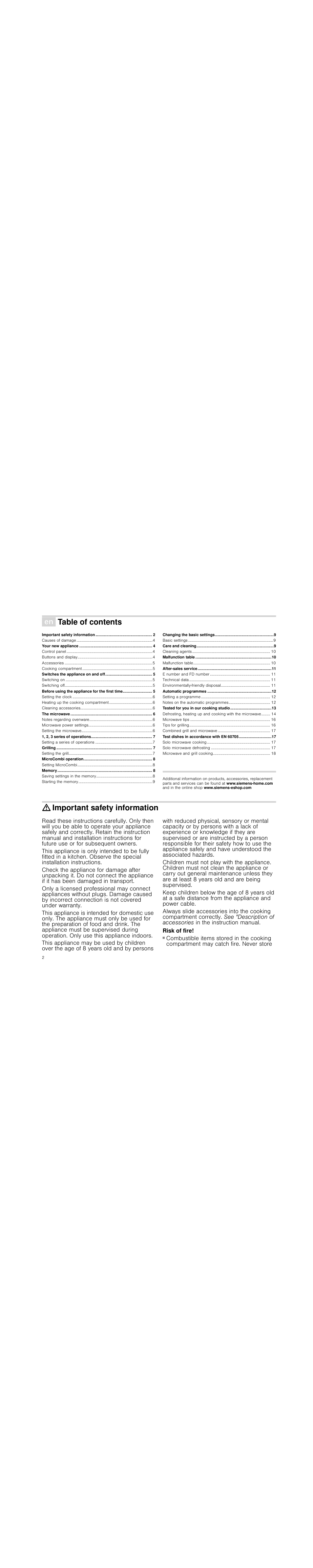 Ú table of contents[en] instruction manual, Your new appliance 4, Switches the appliance on and off 5 | Before using the appliance for the first time 5, The microwave 6, 1, 2, 3 series of operations 7, Grilling 7, Microcombi operation 8, Memory 8, Changing the basic settings 9 | Siemens HF25G5R2 User Manual | Page 2 / 56