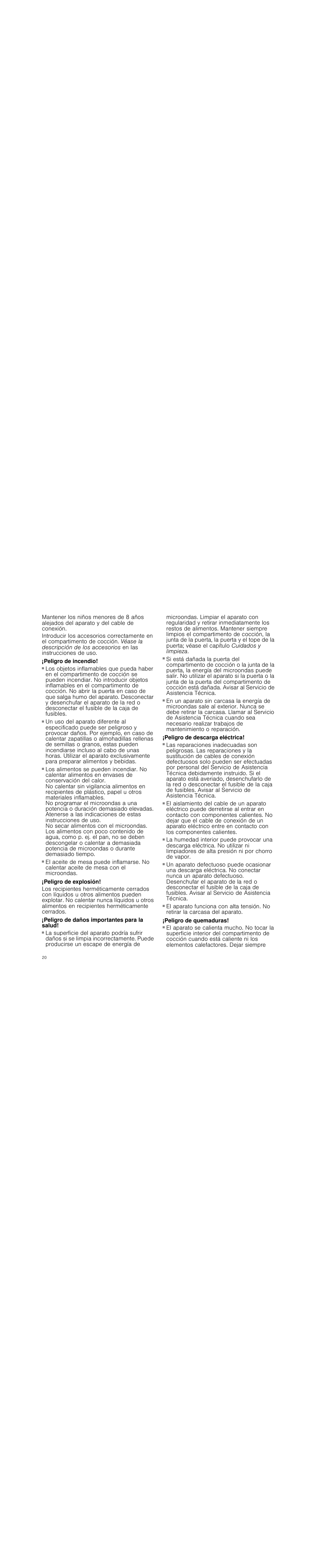 Peligro de incendio, Peligro de explosión, Peligro de daños importantes para la salud | Peligro de descarga eléctrica, Peligro de quemaduras | Siemens HF25G5R2 User Manual | Page 20 / 56