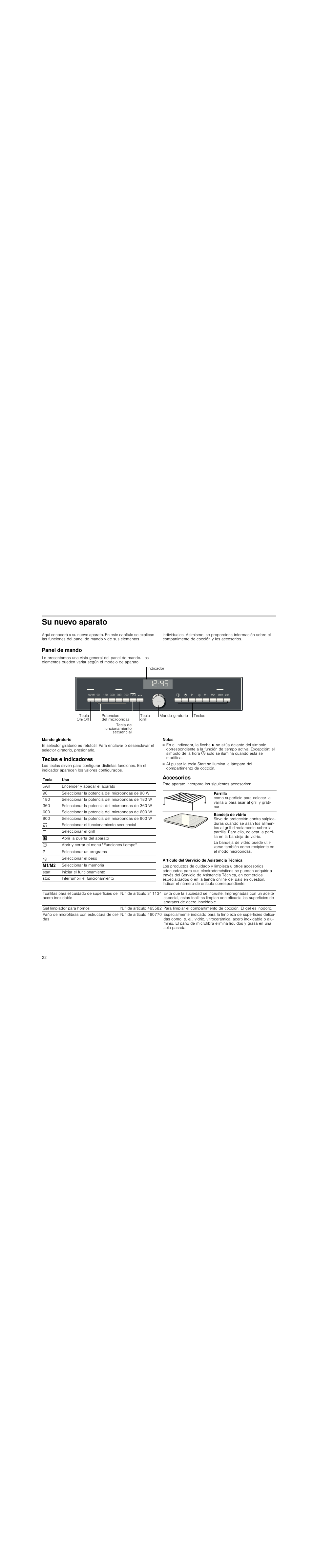 Su nuevo aparato, Panel de mando, Mando giratorio | Teclas e indicadores, Notas, Accesorios, Artículo del servicio de asistencia técnica | Siemens HF25G5R2 User Manual | Page 22 / 56