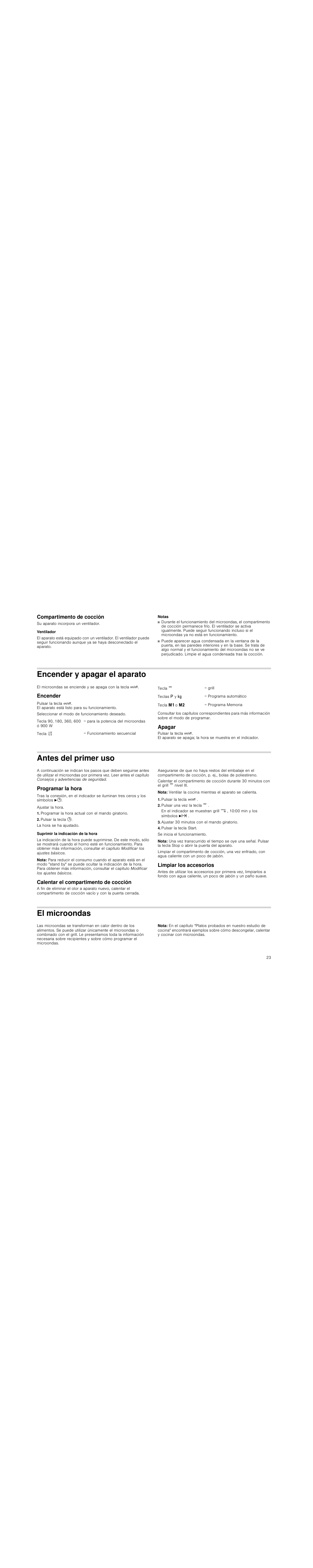 Compartimento de cocción, Ventilador, Notas | Encender y apagar el aparato, Encender, Apagar, Antes del primer uso, Programar la hora, Programar la hora actual con el mando giratorio, Pulsar la tecla 0 | Siemens HF25G5R2 User Manual | Page 23 / 56