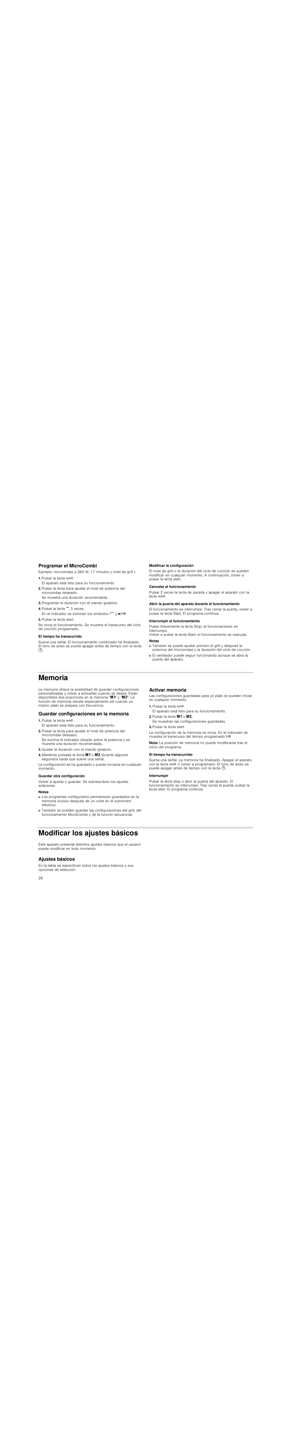 Programar el microcombi, Pulsar la tecla ž, Programar la duración con el mando giratorio | Pulsar la tecla , 3 veces, Pulsar la tecla start, El tiempo ha transcurrido, Modificar la configuración, Cancelar el funcionamiento, Interrumpir el funcionamiento, Notas | Siemens HF25G5R2 User Manual | Page 26 / 56