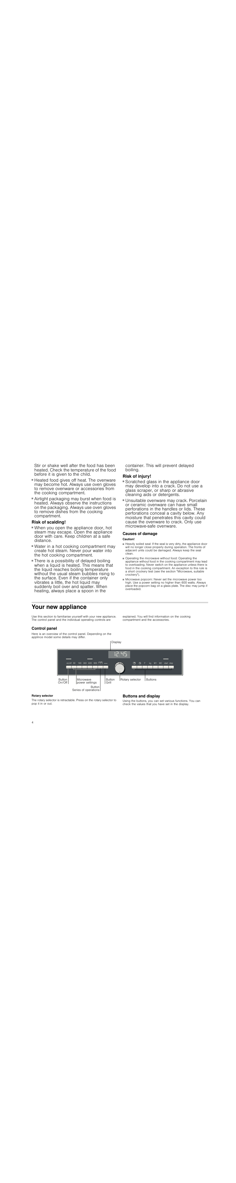 Risk of burns, Risk of scalding, Risk of injury | Causes of damage, Caution, Heavily soiled seal, Operating the microwave without food, Microwave popcorn, Your new appliance, Control panel | Siemens HF25G5R2 User Manual | Page 4 / 56
