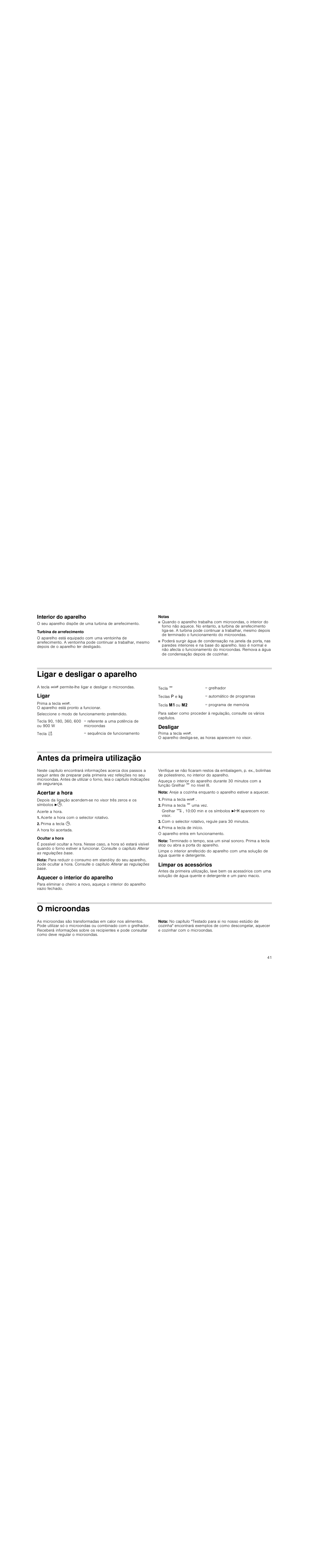 Interior do aparelho, Turbina de arrefecimento, Notas | Ligar e desligar o aparelho, Ligar, Desligar, Antes da primeira utilização, Acertar a hora, Acerte a hora com o selector rotativo, Prima a tecla 0 | Siemens HF25G5R2 User Manual | Page 41 / 56