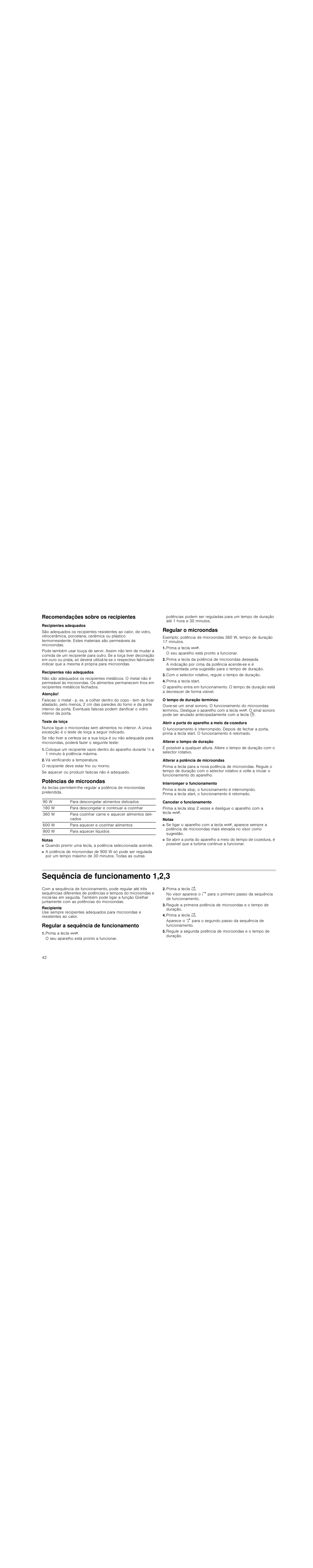 Recomendações sobre os recipientes, Recipientes adequados, Recipientes não adequados | Atenção, Teste de loiça, Vá verificando a temperatura, Potências de microondas, Notas, Regular o microondas, Prima a tecla ž | Siemens HF25G5R2 User Manual | Page 42 / 56