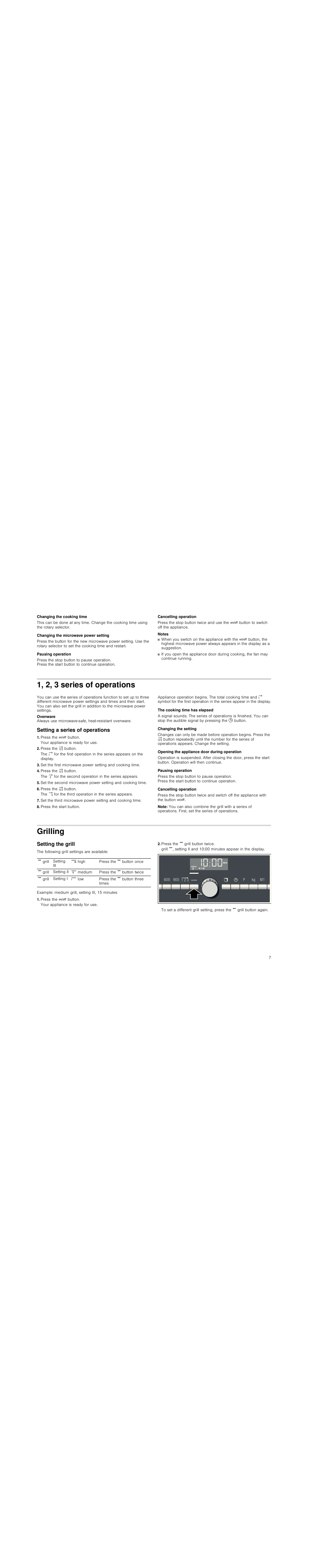 Changing the cooking time, Changing the microwave power setting, Pausing operation | Cancelling operation, Notes, 1, 2, 3 series of operations, Setting a series of operations, Press the ž button, Press the 2 button, Press the start button | Siemens HF25G5R2 User Manual | Page 7 / 56