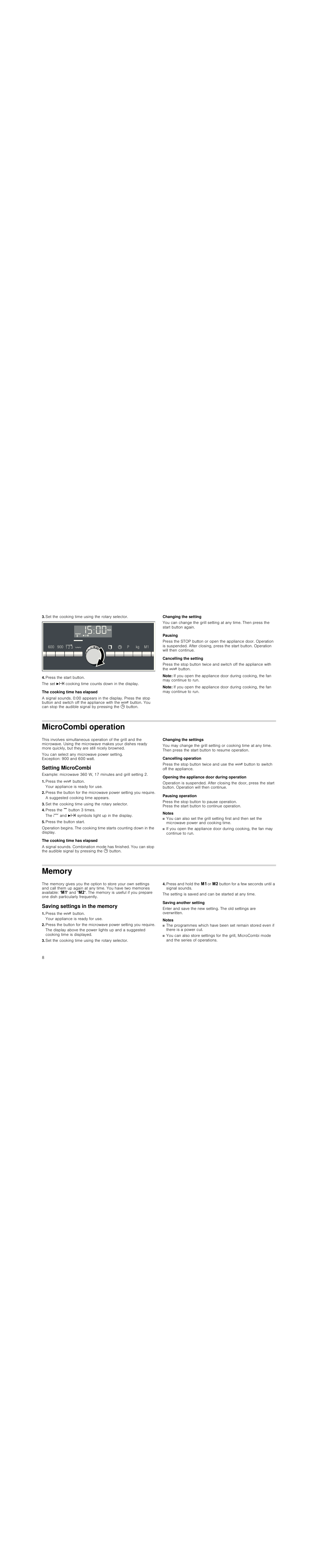 Set the cooking time using the rotary selector, Press the start button, The cooking time has elapsed | Changing the setting, Pausing, Cancelling the setting, Note, Microcombi operation, Setting microcombi, Press the ž button | Siemens HF25G5R2 User Manual | Page 8 / 56