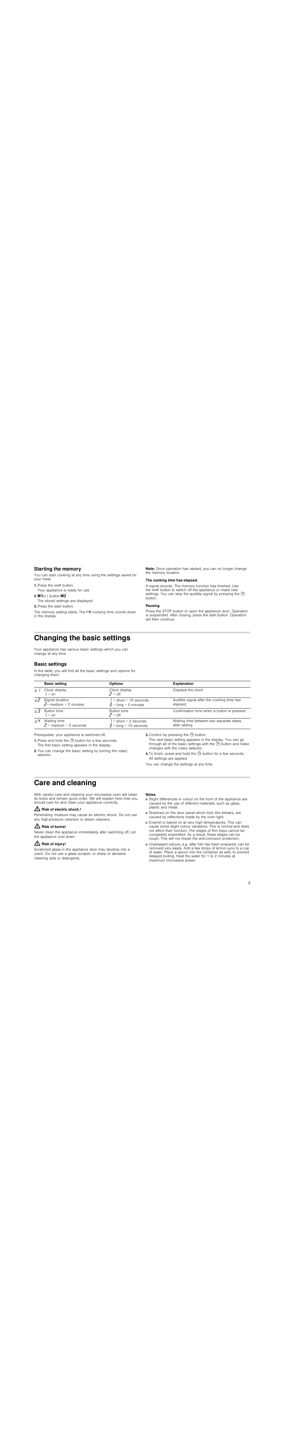 Starting the memory, Press the ž button, Jor ( button.k | Press the start button, Note, The cooking time has elapsed, Pausing, Changing the basic settings, Basic settings, Press and hold the 0 button for a few seconds | Siemens HF25G5R2 User Manual | Page 9 / 56