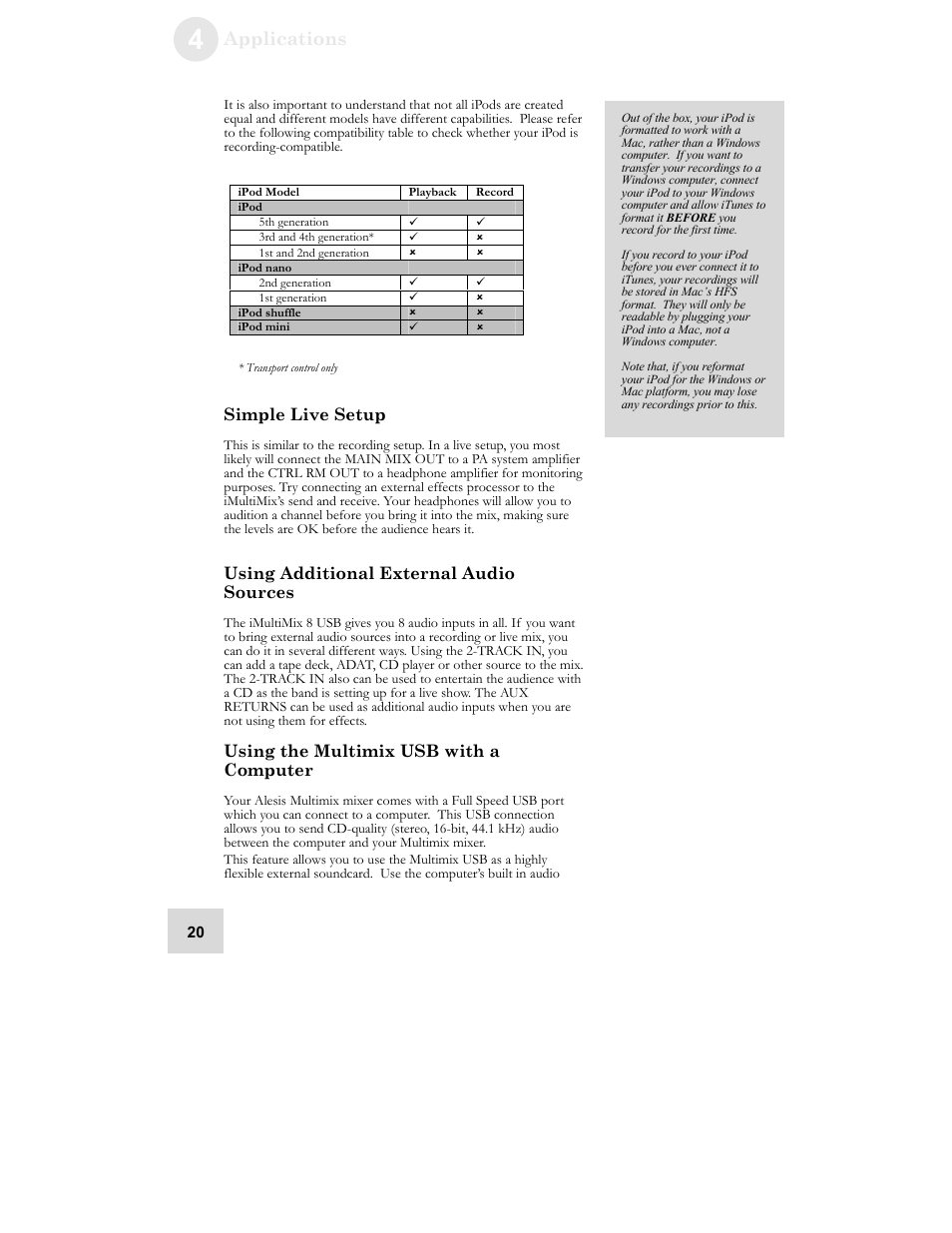 Applications, Simple live setup, Using additional external audio sources | Using the multimix usb with a computer | ALESIS iMultiMix 8 USB User Manual | Page 22 / 36