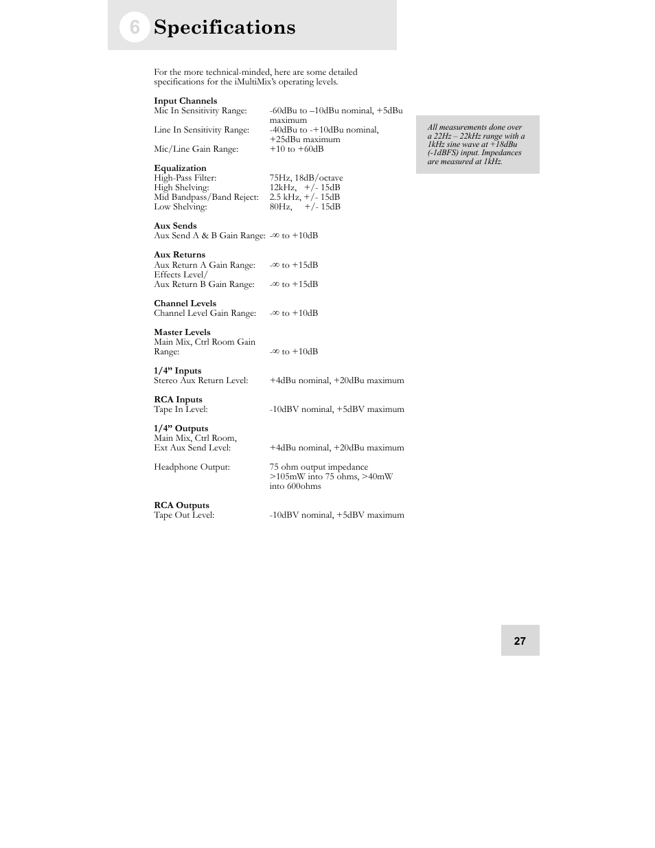 Specifications | ALESIS iMultiMix 8 USB User Manual | Page 29 / 36