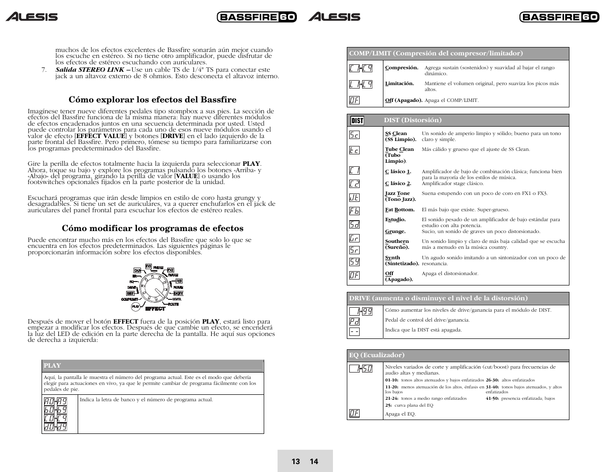 Cómo explorar los efectos del bassfire, Cómo modificar los programas de efectos | ALESIS BASSFIRE 60 User Manual | Page 15 / 51