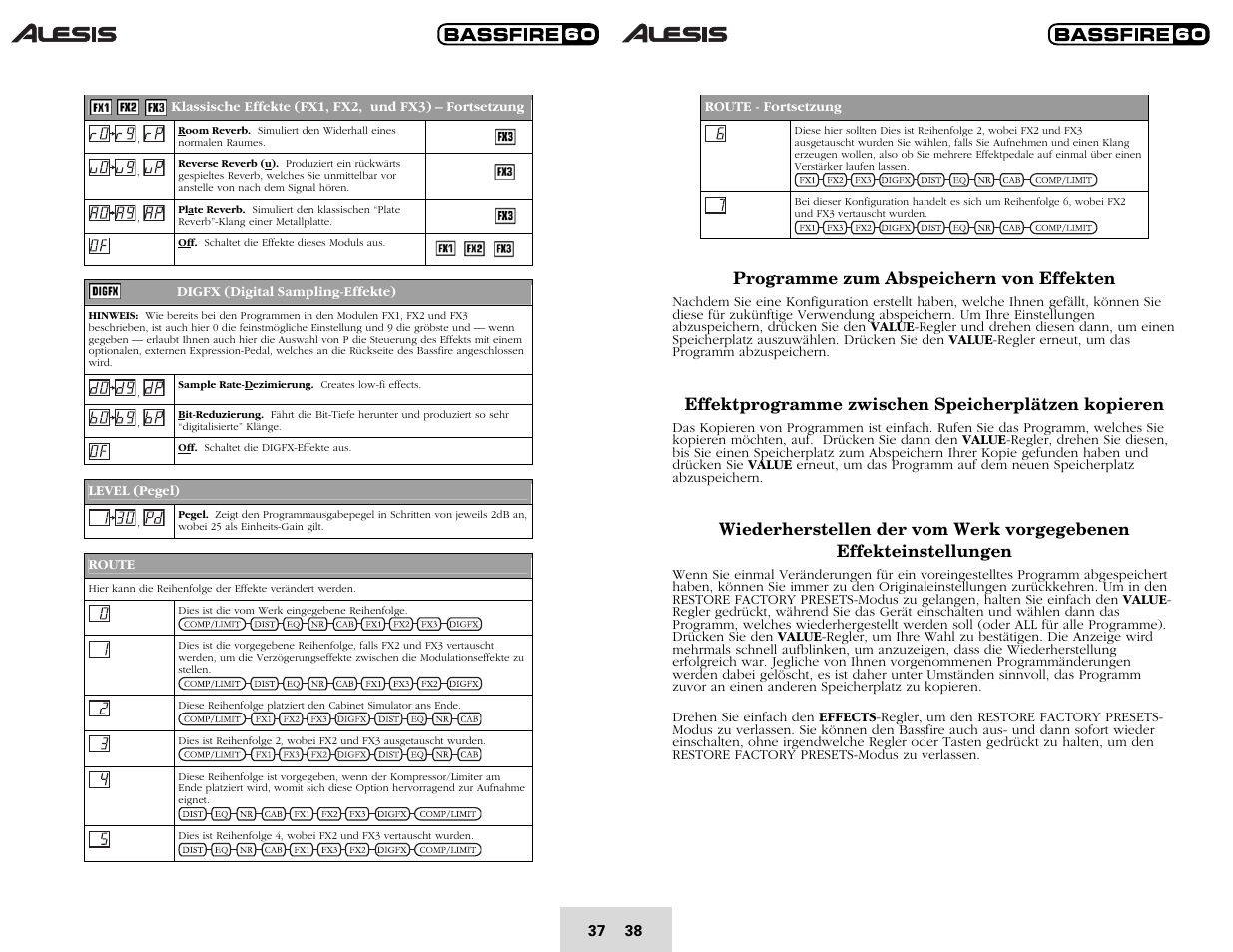 Programme zum abspeichern von effekten, Effektprogramme zwischen speicherplätzen kopieren | ALESIS BASSFIRE 60 User Manual | Page 39 / 51