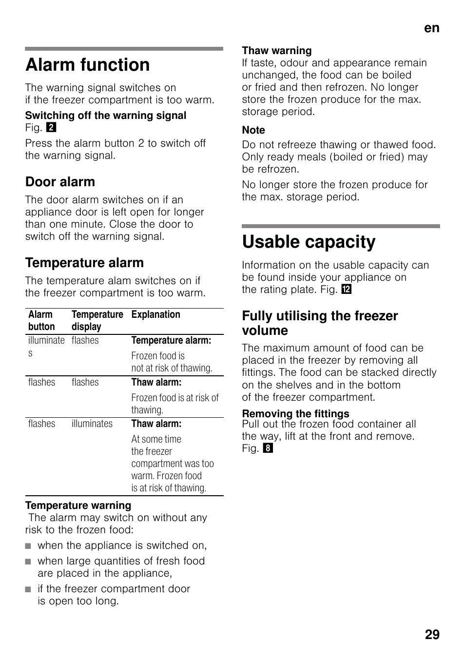 Alarm function, Door alarm, Temperature alarm | When the appliance is switched on, If the freezer compartment door is open too long, Usable capacity, Fully utilising the freezer volume, Removing the fittings, Alarm function usable capacity, En 29 | Siemens KG49NVI20 User Manual | Page 29 / 102