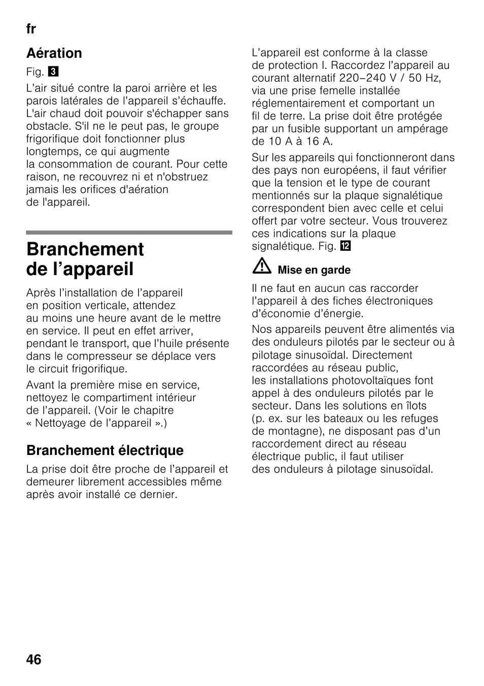 Aération, Branchement de l’appareil, Branchement électrique | Fr 46 aération | Siemens KG49NVI20 User Manual | Page 46 / 102