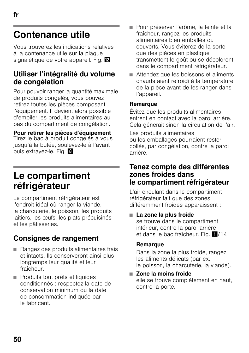 Contenance utile, Utiliser l’intégralité du volume de congélation, Pour retirer les pièces d’équipement | Le compartiment réfrigérateur, Consignes de rangement, Remarque, Contenance utile le compartiment réfrigérateur, Fr 50 | Siemens KG49NVI20 User Manual | Page 50 / 102