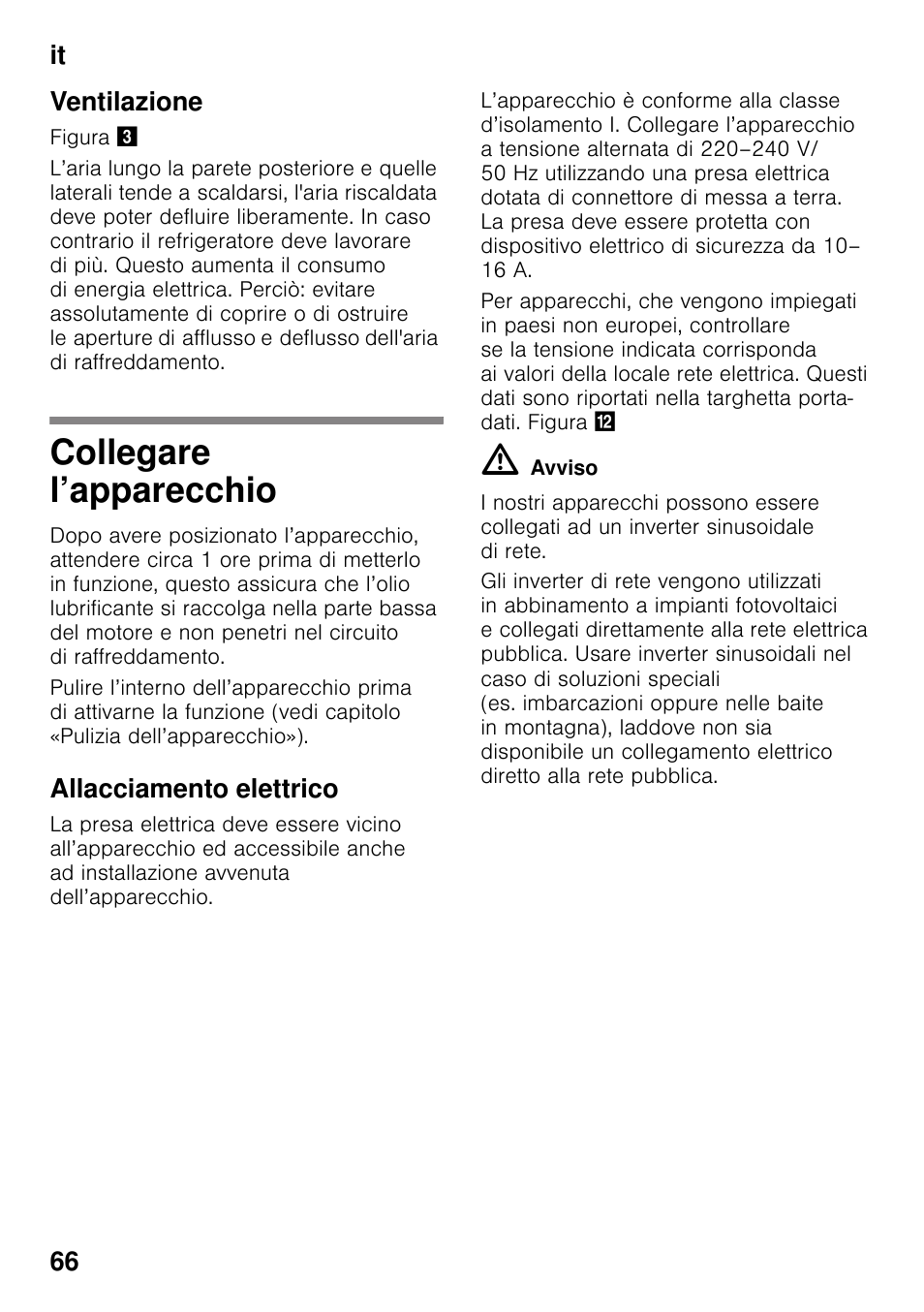 Ventilazione, Collegare l’apparecchio, Allacciamento elettrico | It 66 ventilazione | Siemens KG49NVI20 User Manual | Page 66 / 102