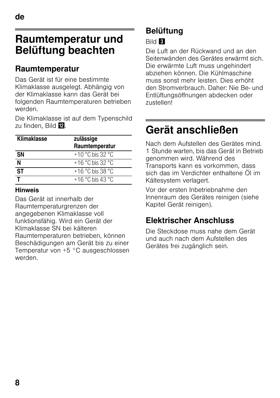 Raumtemperatur und belüftung beachten, Raumtemperatur, Belüftung | Gerät anschließen, Elektrischer anschluss, Beachten gerät anschließen, De 8 | Siemens KG49NVI20 User Manual | Page 8 / 102