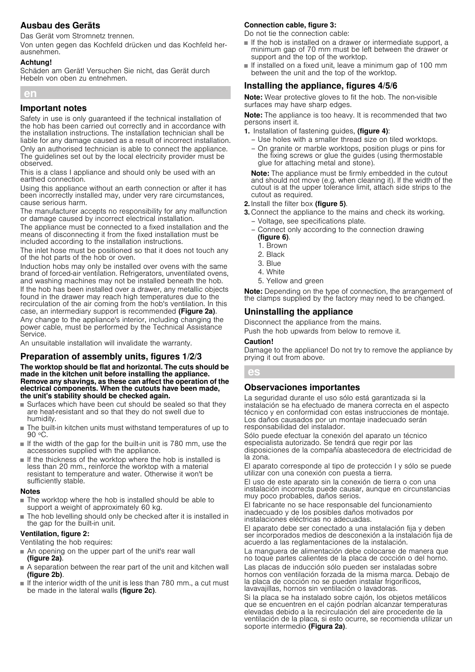 Ausbau des geräts, Das gerät vom stromnetz trennen, Achtung | Important notes, Preparation of assembly units, figures 1/2/3, Notes, Ventilation, figure 2, Ventilating the hob requires, Connection cable, figure 3, Do not tie the connection cable | Siemens EH875KU11E User Manual | Page 4 / 14