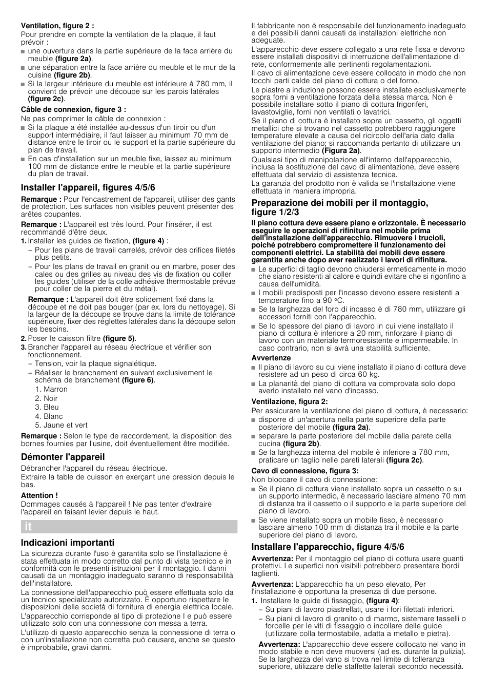 Ventilation, figure 2, Câble de connexion, figure 3, Ne pas comprimer le câble de connexion | Installer l'appareil, figures 4/5/6, Remarque, Installer les guides de fixation, (figure 4), Poser le caisson filtre (figure 5), Démonter l'appareil, Débrancher l'appareil du réseau électrique, Attention | Siemens EH875KU11E User Manual | Page 6 / 14