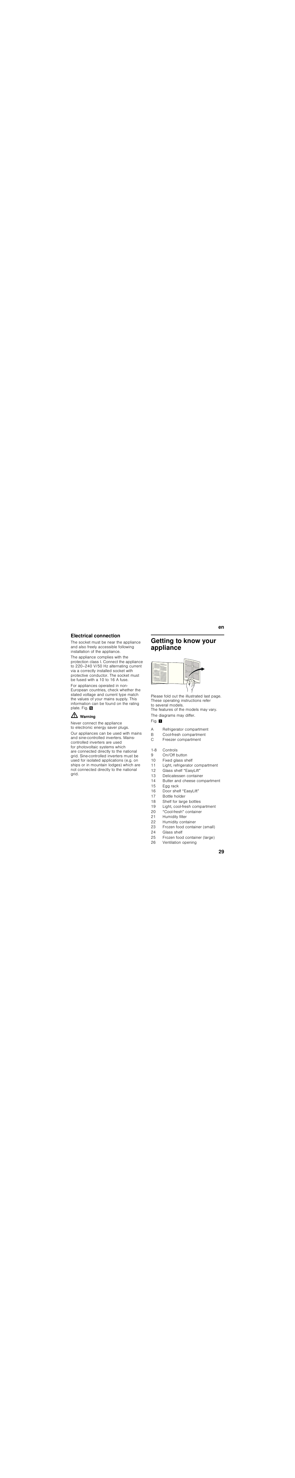 Electrical connection, Getting to know your appliance | Siemens KI39FP60 User Manual | Page 29 / 115