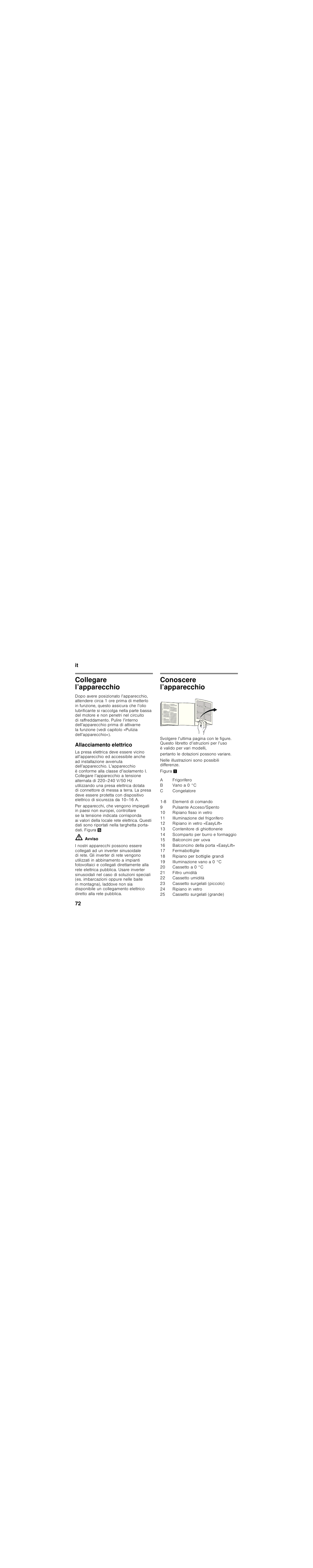 Collegare l’apparecchio, Allacciamento elettrico, Conoscere l’apparecchio | Siemens KI39FP60 User Manual | Page 72 / 115