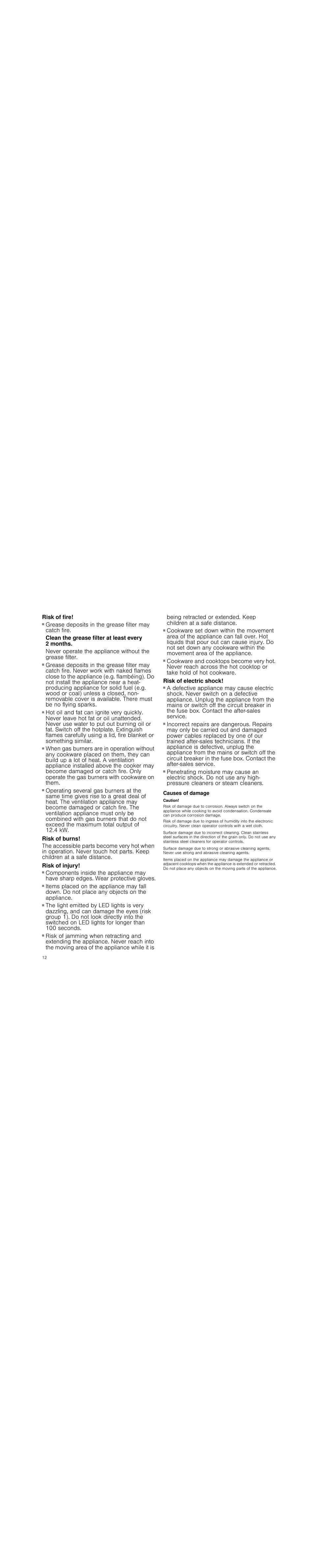 Risk of fire, Clean the grease filter at least every 2 months, Risk of burns | Risk of injury, Risk of electric shock, Causes of damage, Caution | Siemens LD97AA670 User Manual | Page 12 / 96