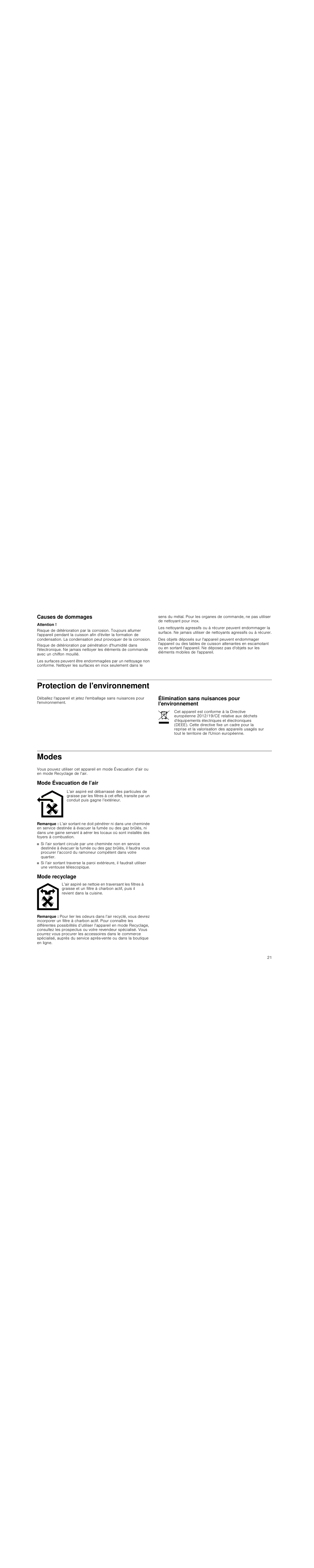 Causes de dommages, Attention, Protection de l'environnement | Élimination sans nuisances pour l'environnement, Modes, Mode évacuation de l’air, Remarque, Mode recyclage | Siemens LD97AA670 User Manual | Page 21 / 96