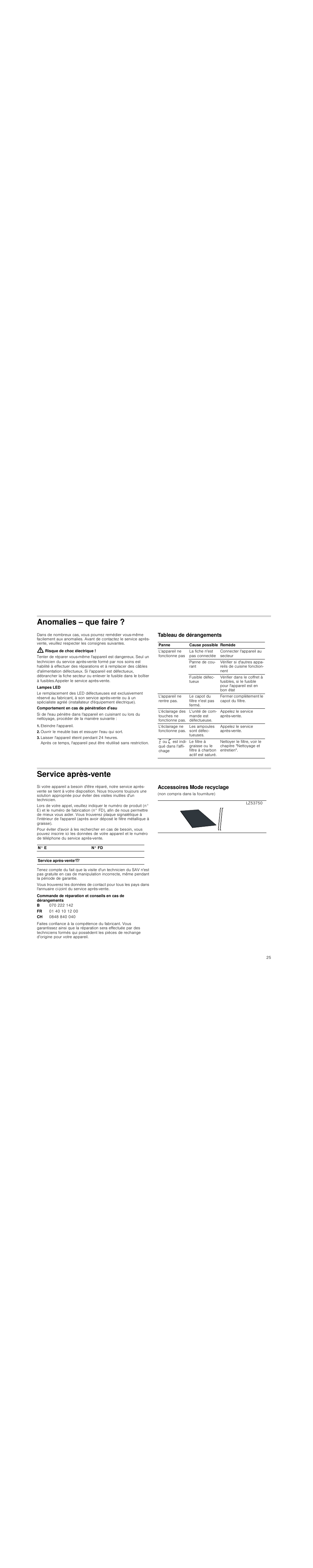 Anomalies – que faire, Risque de choc électrique, Eteindre l'appareil | Ouvrir le meuble bas et essuyer l'eau qui sort, Laisser l'appareil éteint pendant 24 heures, Tableau de dérangements, Service après-vente, Accessoires mode recyclage | Siemens LD97AA670 User Manual | Page 25 / 96