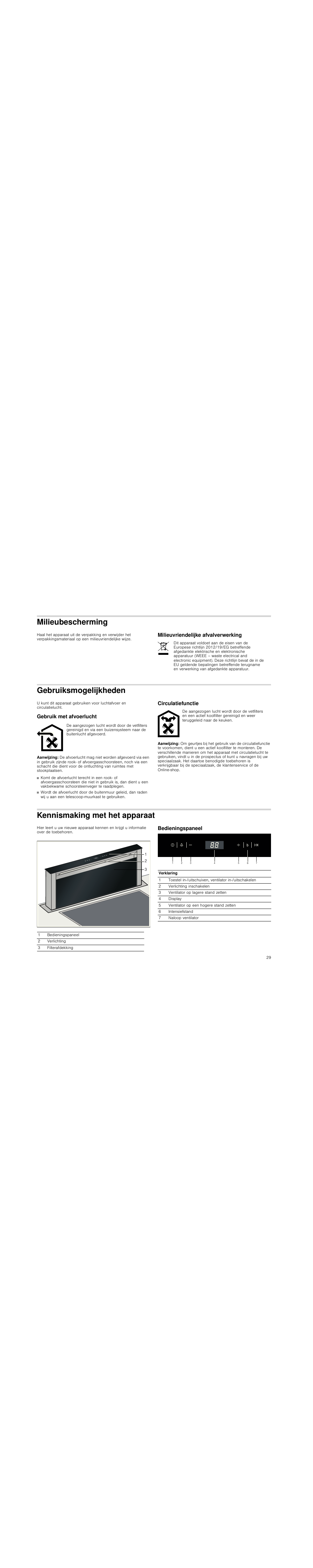 Milieubescherming, Milieuvriendelijke afvalverwerking, Gebruiksmogelijkheden | Gebruik met afvoerlucht, Aanwijzing, Circulatiefunctie, Kennismaking met het apparaat, Bedieningspaneel | Siemens LD97AA670 User Manual | Page 29 / 96