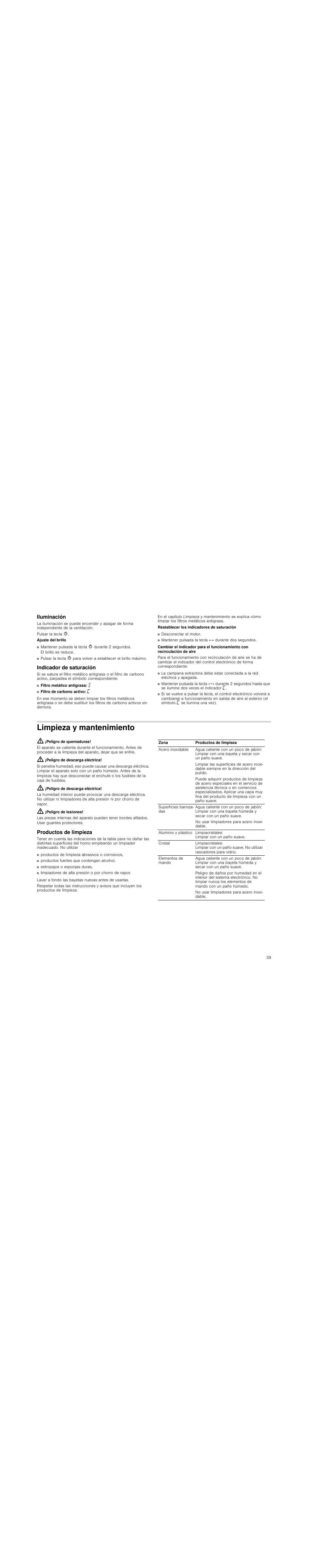 Iluminación, Indicador de saturación, Limpieza y mantenimiento | Peligro de quemaduras, Peligro de descarga eléctrica, Peligro de lesiones, Productos de limpieza | Siemens LD97AA670 User Manual | Page 39 / 96