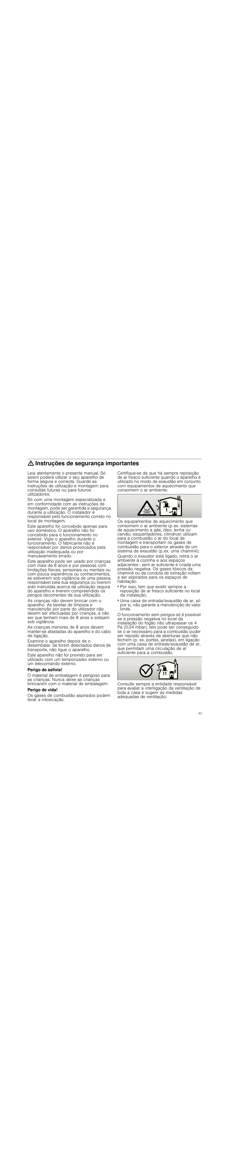 Instruções de segurança importantes, Perigo de asfixia, Perigo de vida | Siemens LD97AA670 User Manual | Page 43 / 96