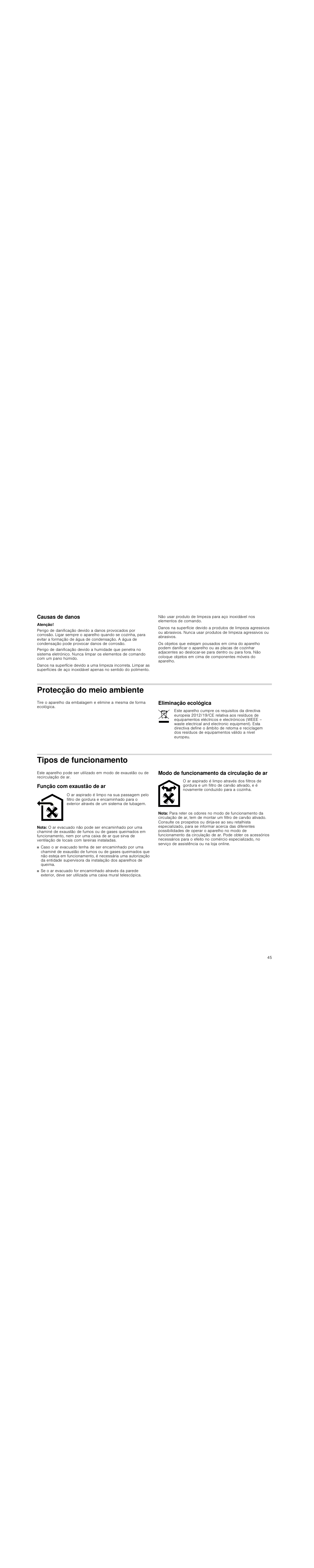 Causas de danos, Atenção, Protecção do meio ambiente | Eliminação ecológica, Tipos de funcionamento, Função com exaustão de ar, Nota, Modo de funcionamento da circulação de ar | Siemens LD97AA670 User Manual | Page 45 / 96